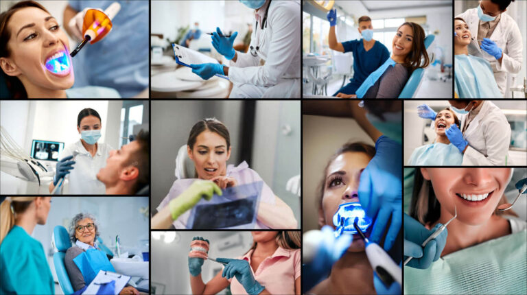 Collage mit Zahnarzt & Zahnärztin sowie deren Patienten in der Zahnarztpraxis in Gievenbeck / Münster